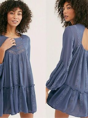 Free People Dusty Blue Lace-Trim Boho Mini Dress